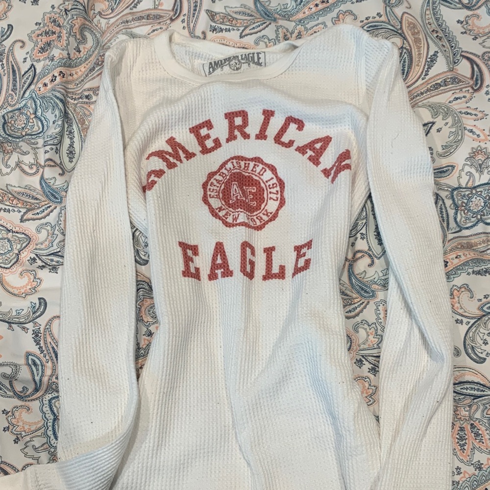 American Eagle Outfitters White and Red Long Sleeve Tee